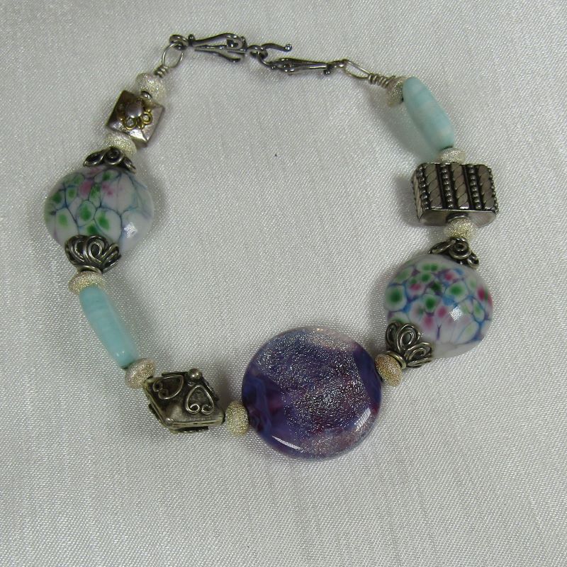 Purple, Aqua and Silver Artisan Bead  Bracelet