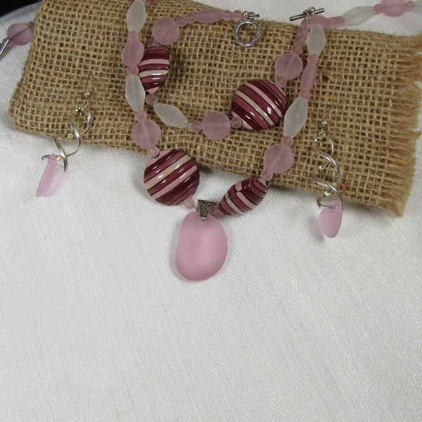 Pink Sea Glass Artisan Bead Jewelry Set