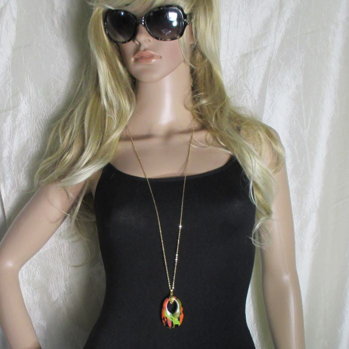 Black & Green Fair Trade Kazuri Bead Pendant on Gold Chain - VP's Jewelry