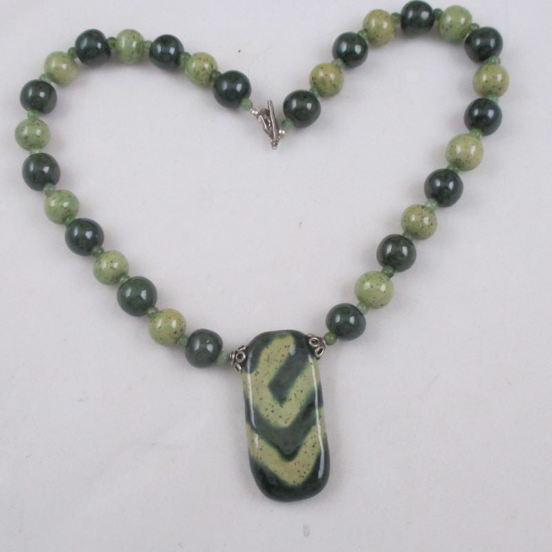 Kazuri Pendant Necklace in Dark Green & Light Green African Beads - VP's Jewelry