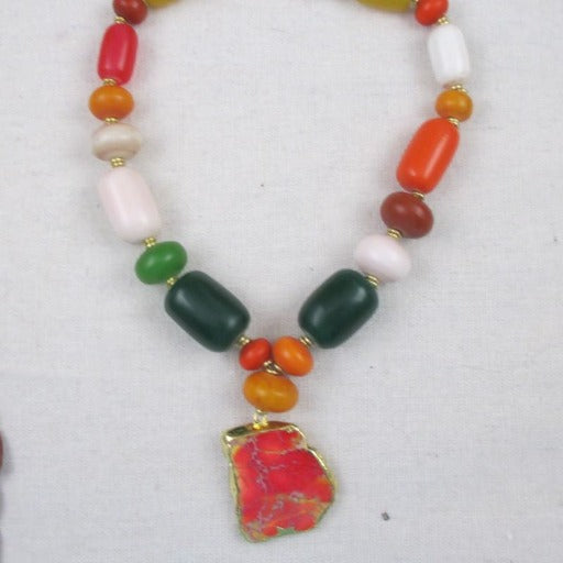 African Trade Bead Statement Necklace with Stone Pendant - VP's Jewelry  