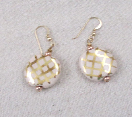 Fair Trade Kazuri Bead Earrings Cream & Gold - VP's Jewelry
