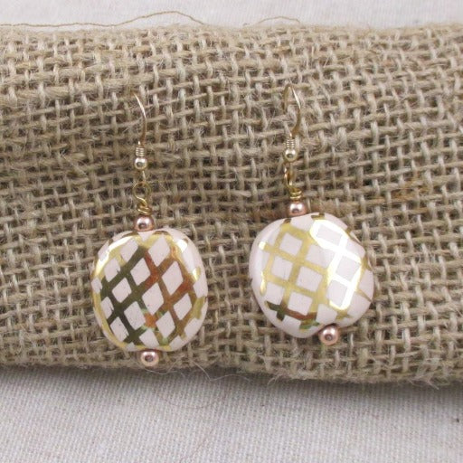 Fair Trade Kazuri Bead Earrings Cream & Gold - VP's Jewelry