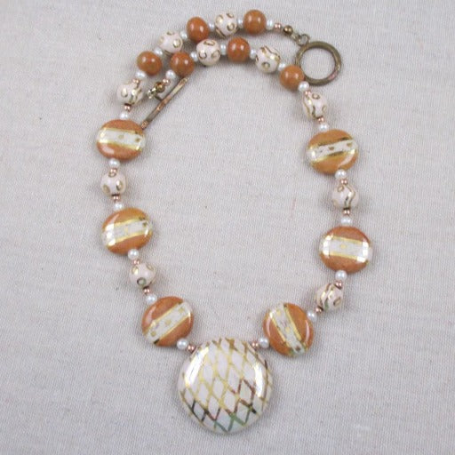 Cream Honey & Gold Pendant Necklace Kazuri Fair Trade Bead - VP's Jewelry