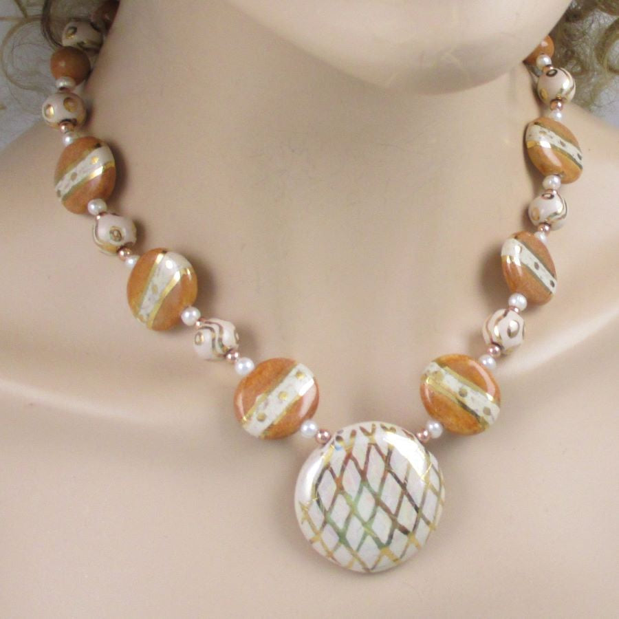 Cream Honey & Gold Pendant Necklace Kazuri Fair Trade Bead - VP's Jewelry