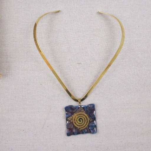 Navy Blue Handmade Raku Pendant Spiral On Gold Neck Wire - VP's Jewelry