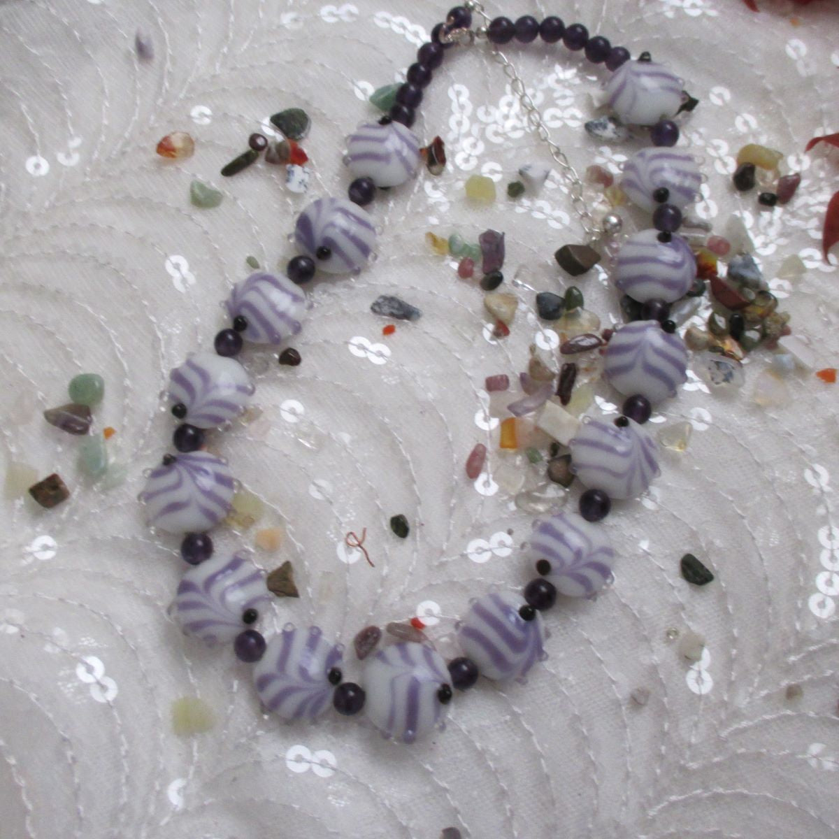 Handmade Artisan Bead Necklace Amethyst and White Swirled - VP's Jewelry