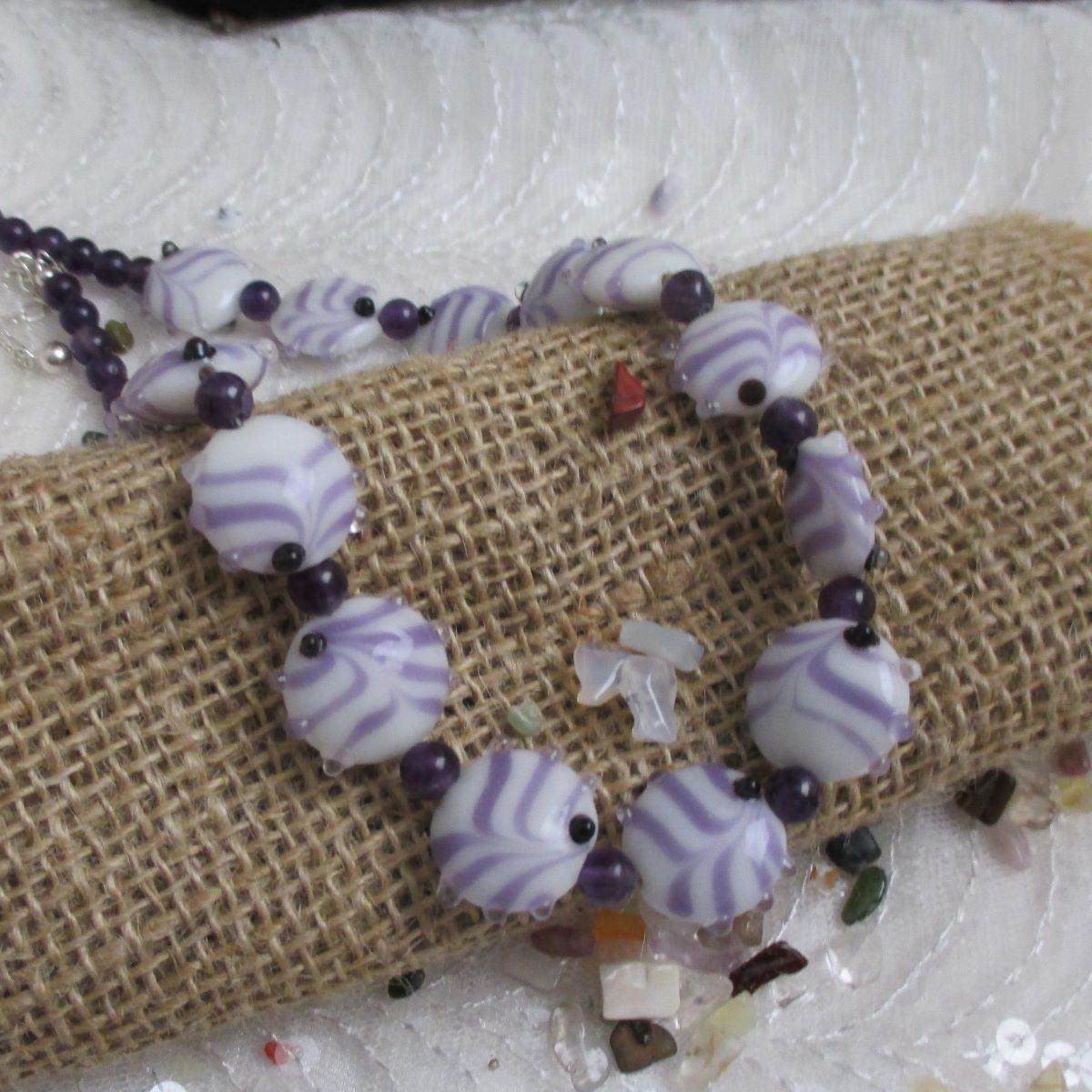 Handmade Artisan Bead Necklace Amethyst and White Swirled - VP's Jewelry