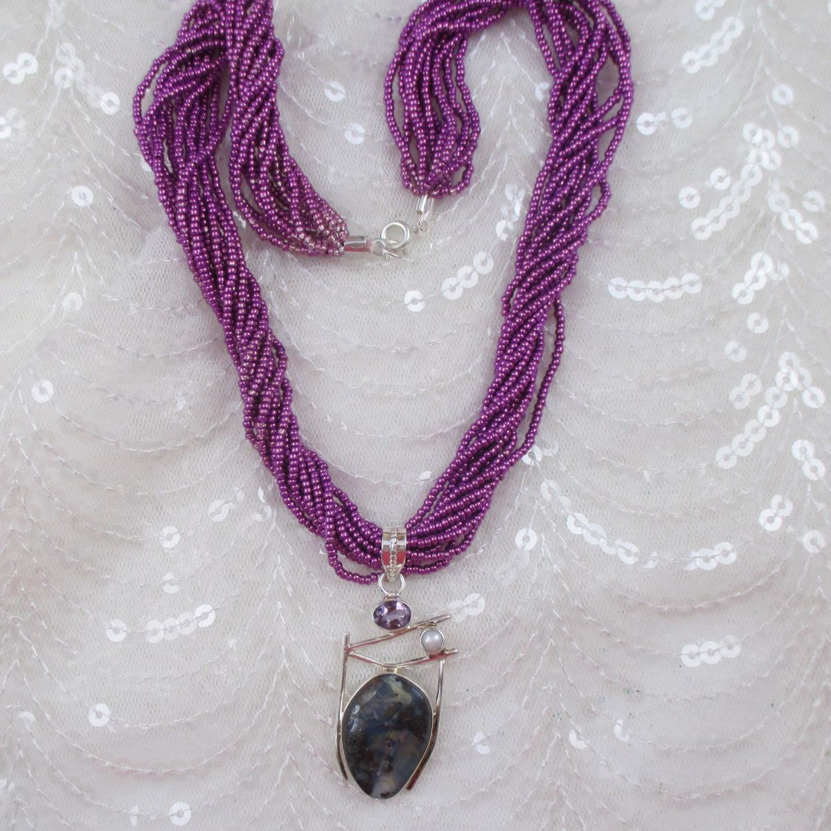 Boulder Opal Pendant on Fuchsia Multi-strand Necklace