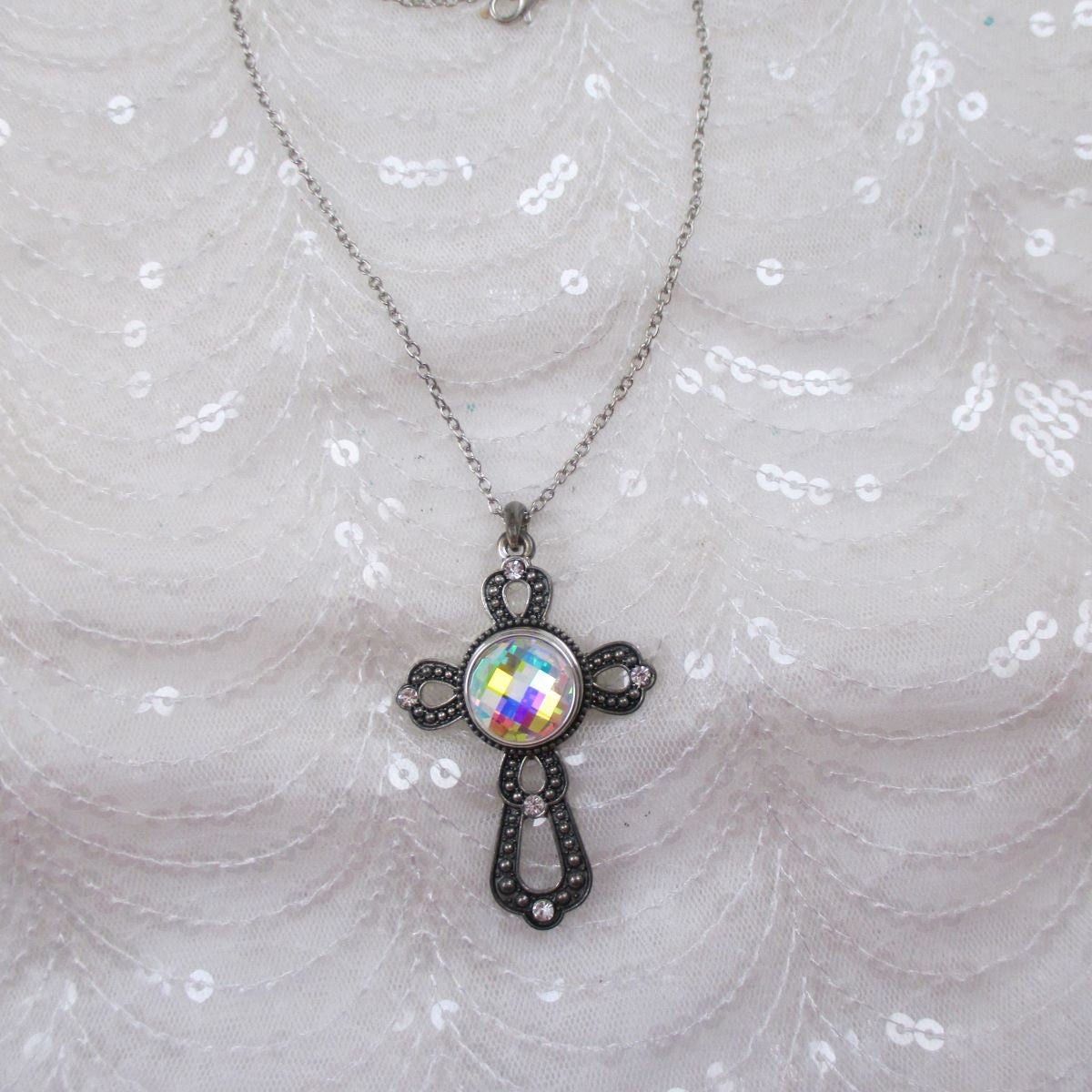 A/B Crystal  & Silver Cross Pendant Necklace