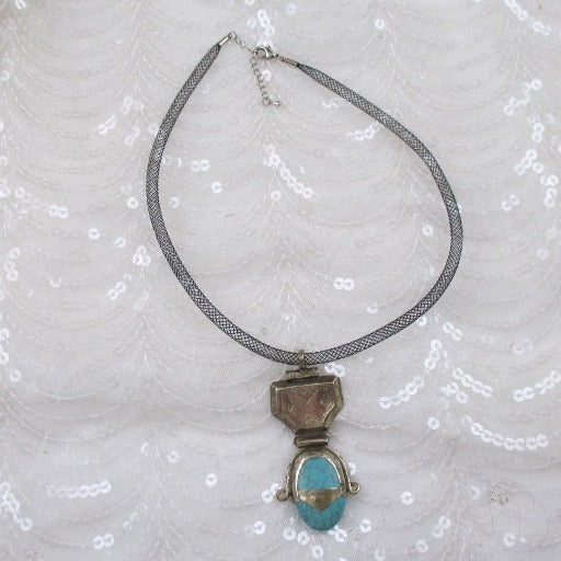 African Antique Silver & Turquoise Pendant Necklace - VP's Jewelry