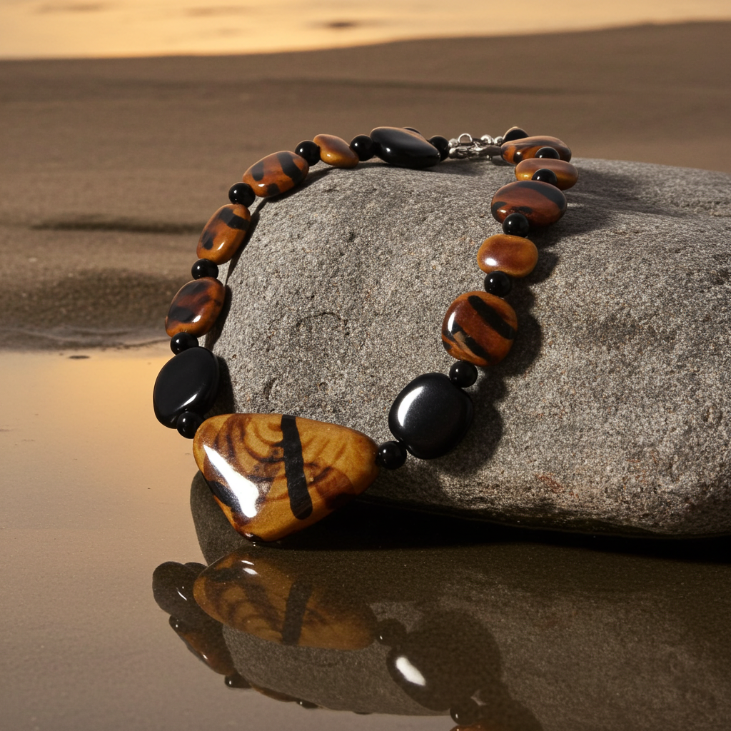 African Sunset Tan and Black Fair Trade Kazuri Triangle Necklace