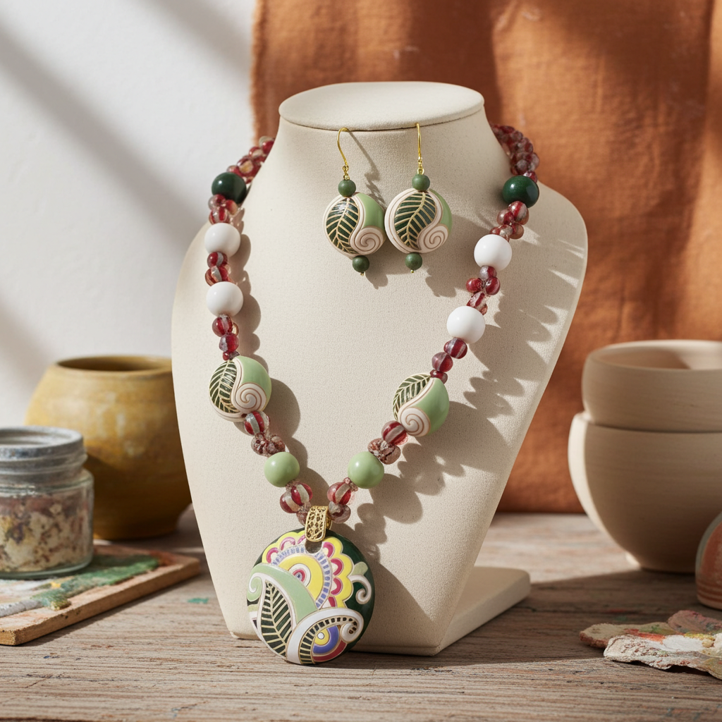 Handmade Green & Beige Artisan Bead Necklace & Earrings