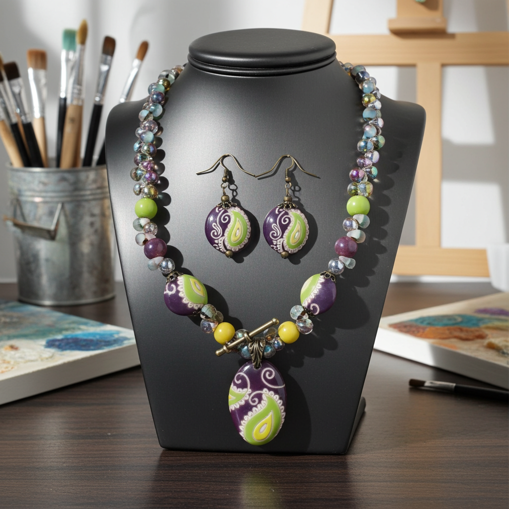Handmade Green & Purple Artisan Bead Big Bold Necklace & Earrings