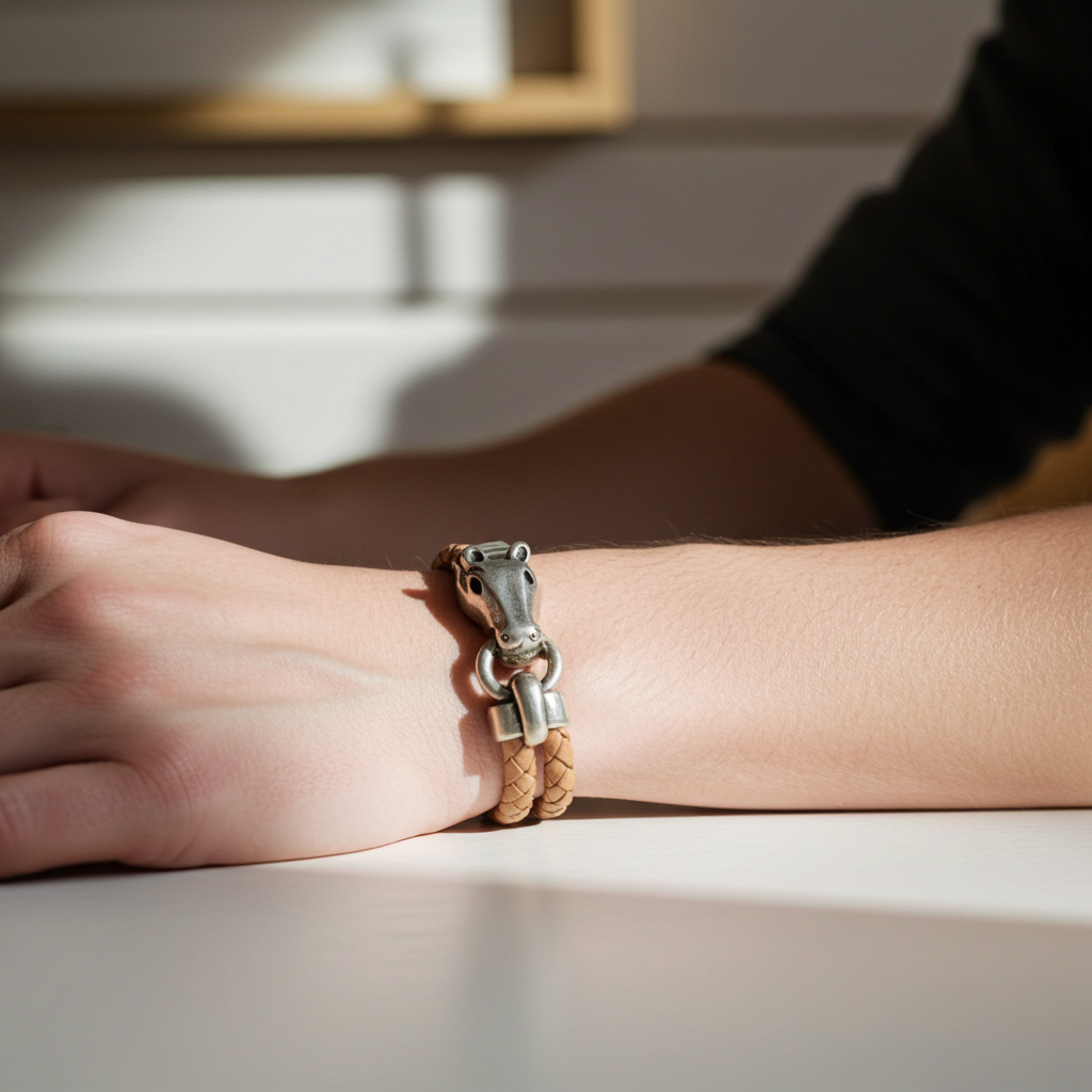 Beige Braided Leather Horse Head Woman's Bracelet