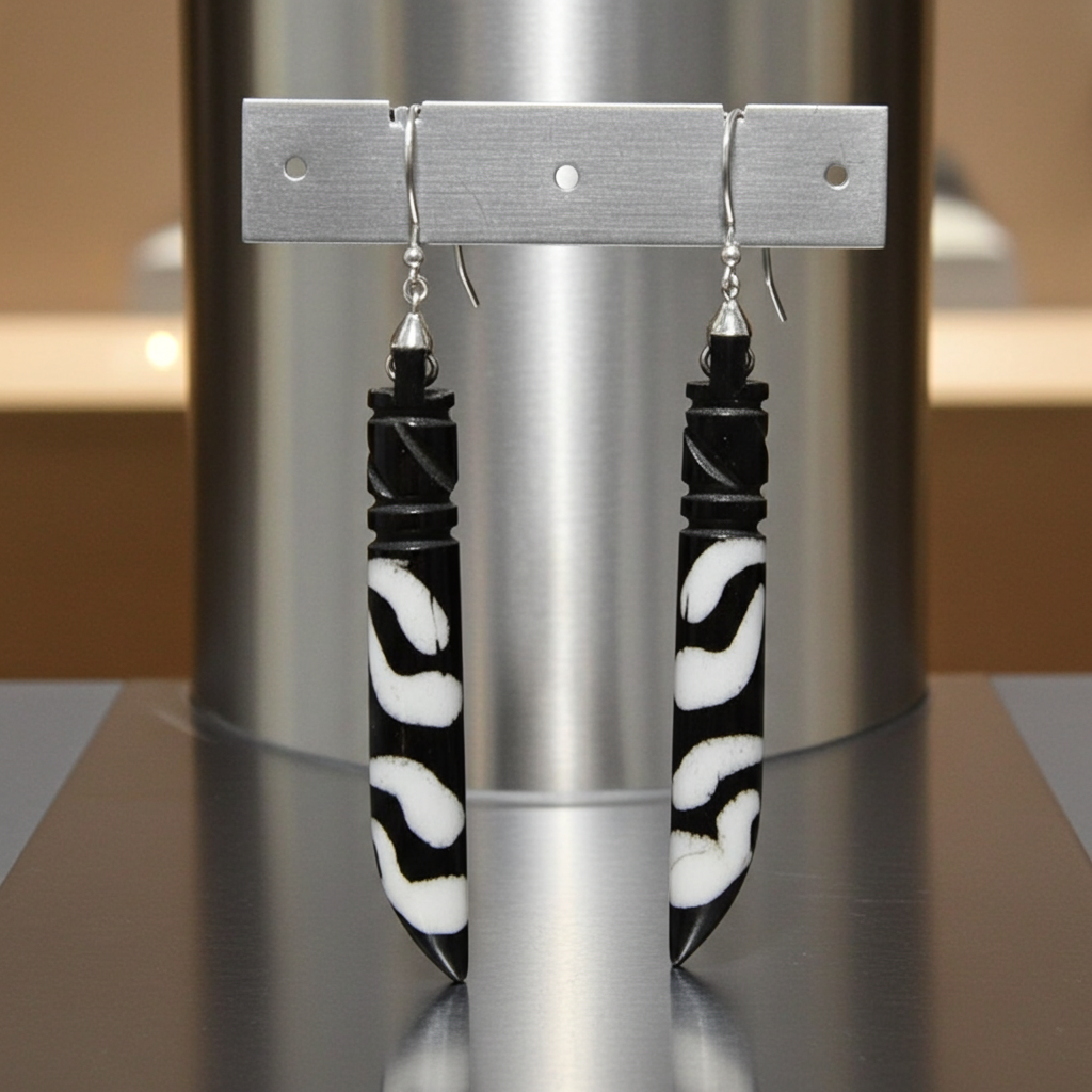 African Batik Bone Drop Earrings Long