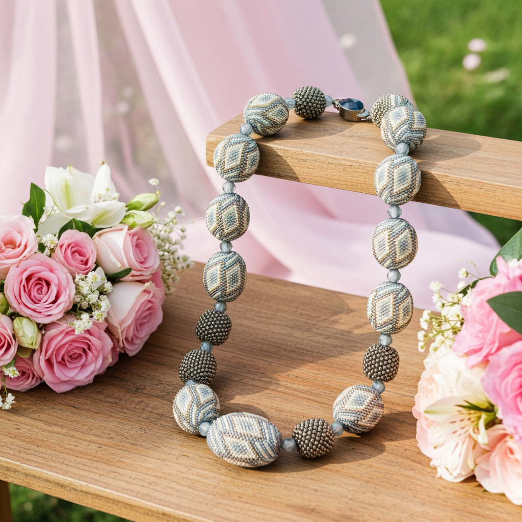 Exquisite Big Bold Chunky Bead Necklace in Cream Blue and Silver