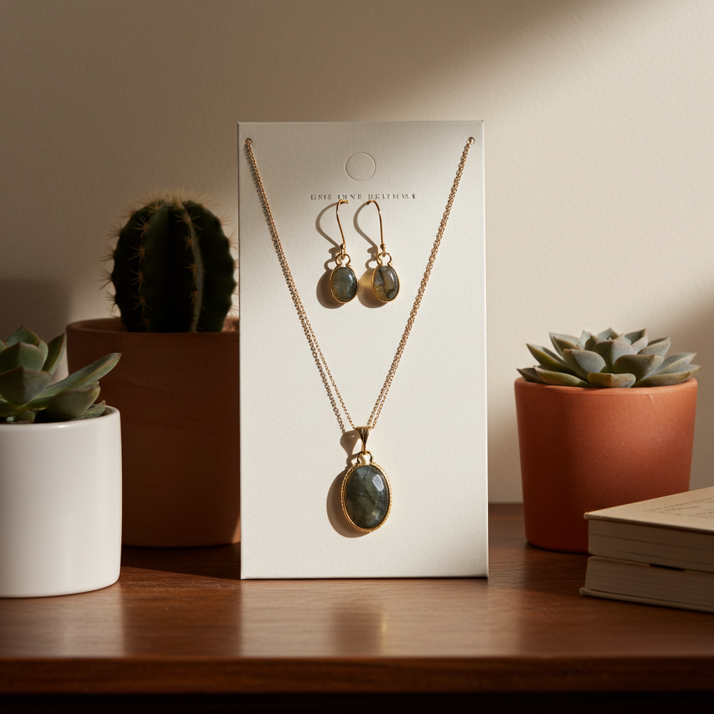 Labradorite Pendant on Gold Chain with Matching  Earring