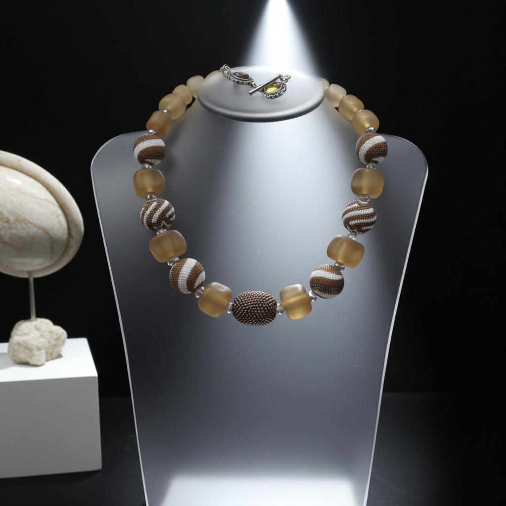 Chunky Beige and White Beaded Bead Designer Necklace