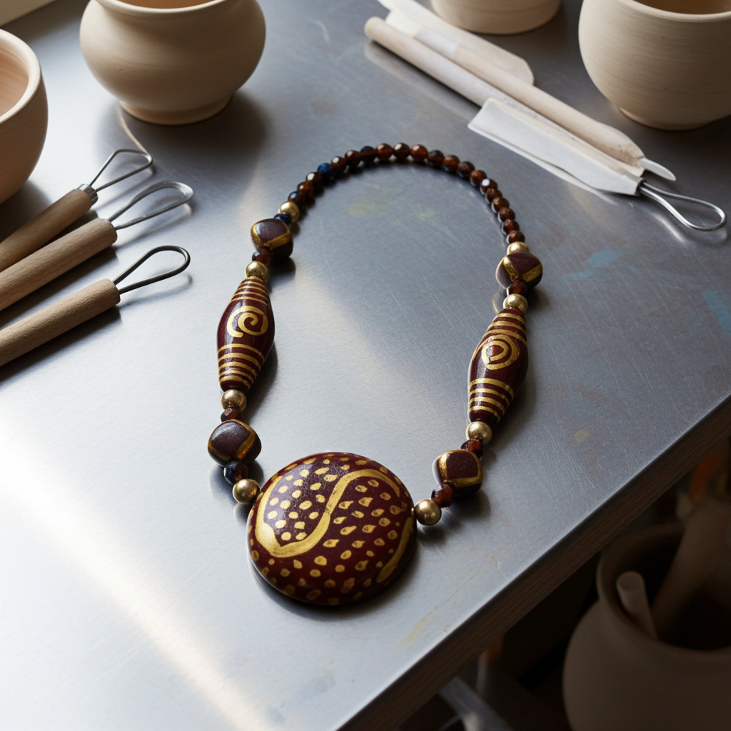 Big Brown and Gold Handmade Kazuri Fair Trade Bead Necklace