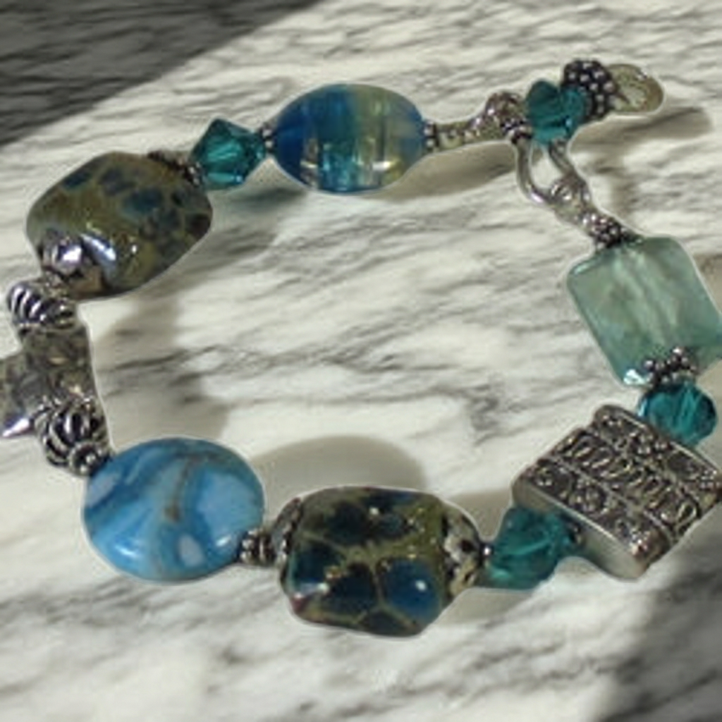 Turquoise Artisan Bead  and Larimar Blue Agate Bead  Bracelet