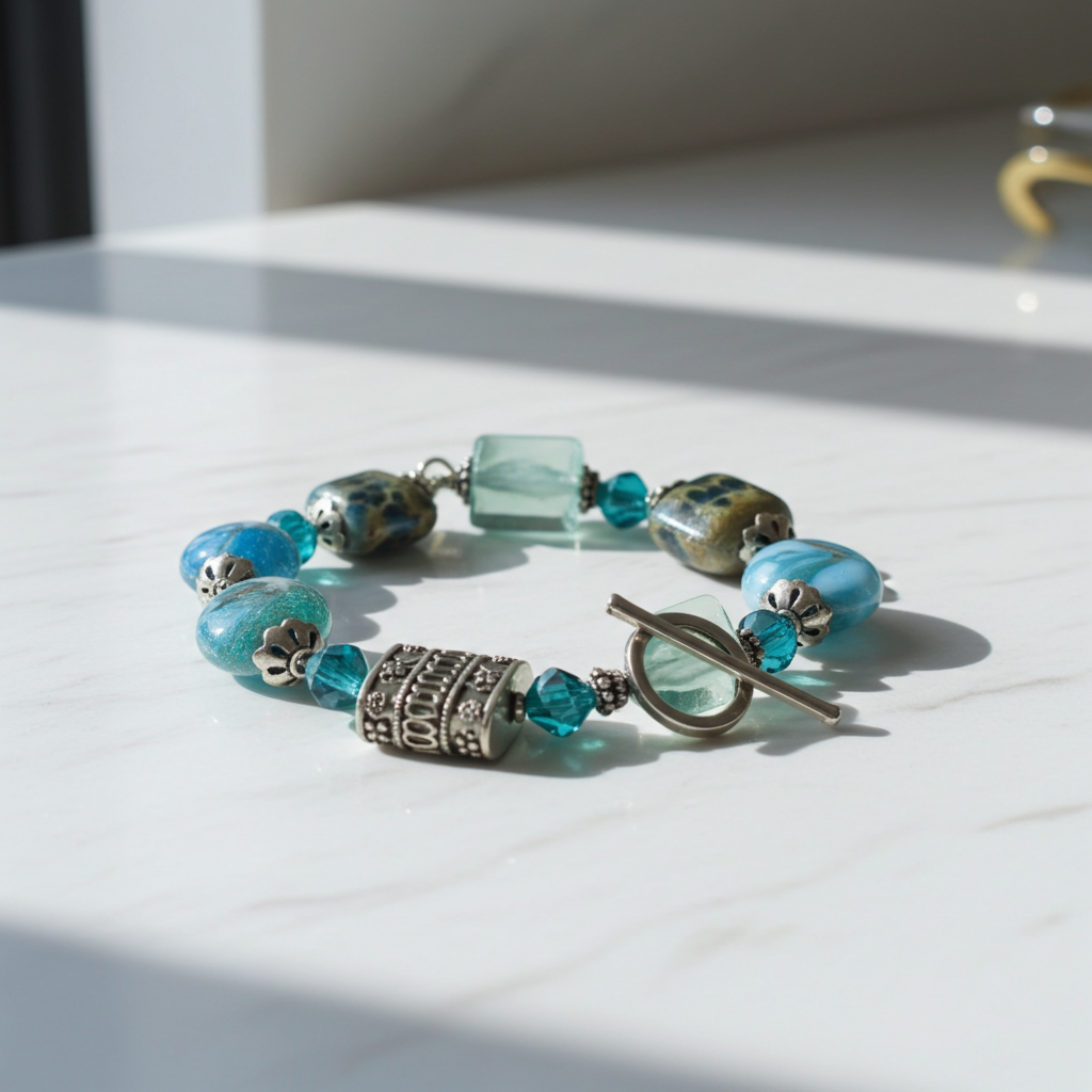 Turquoise Artisan Bead  and Larimar Blue Agate Bead  Bracelet