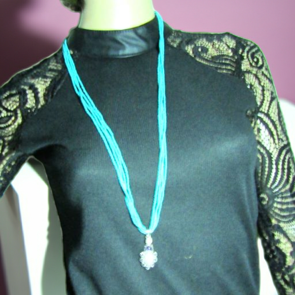 Lapis, Amethyst & Pearl Pendant On Aqua Seed bead Necklace