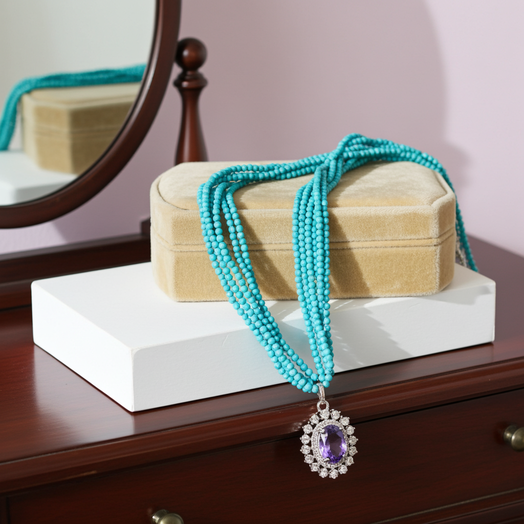 Lapis, Amethyst & Pearl Pendant On Aqua Seed bead Necklace