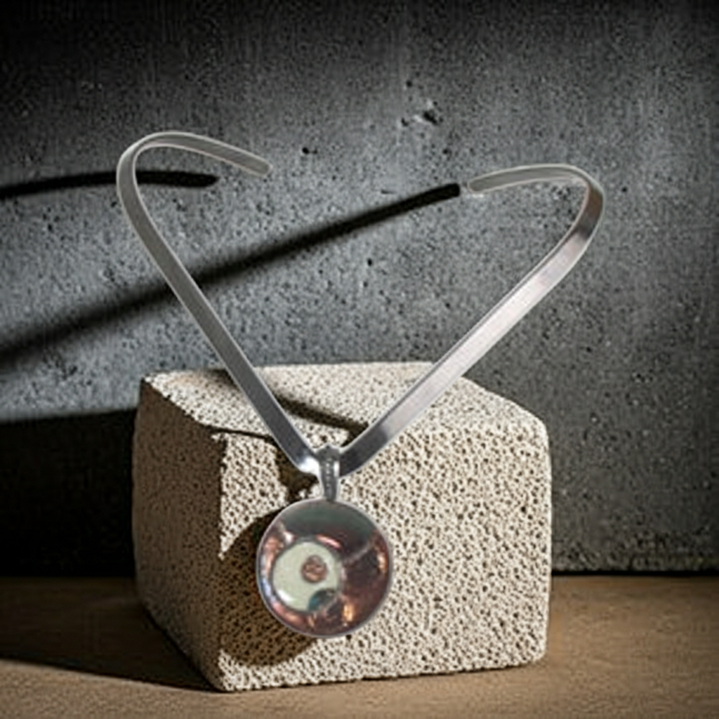 A silver-toned metal necklace with a wide, curved band and a round pendant, displayed on a textured beige stone block against a dark gray concrete wall.