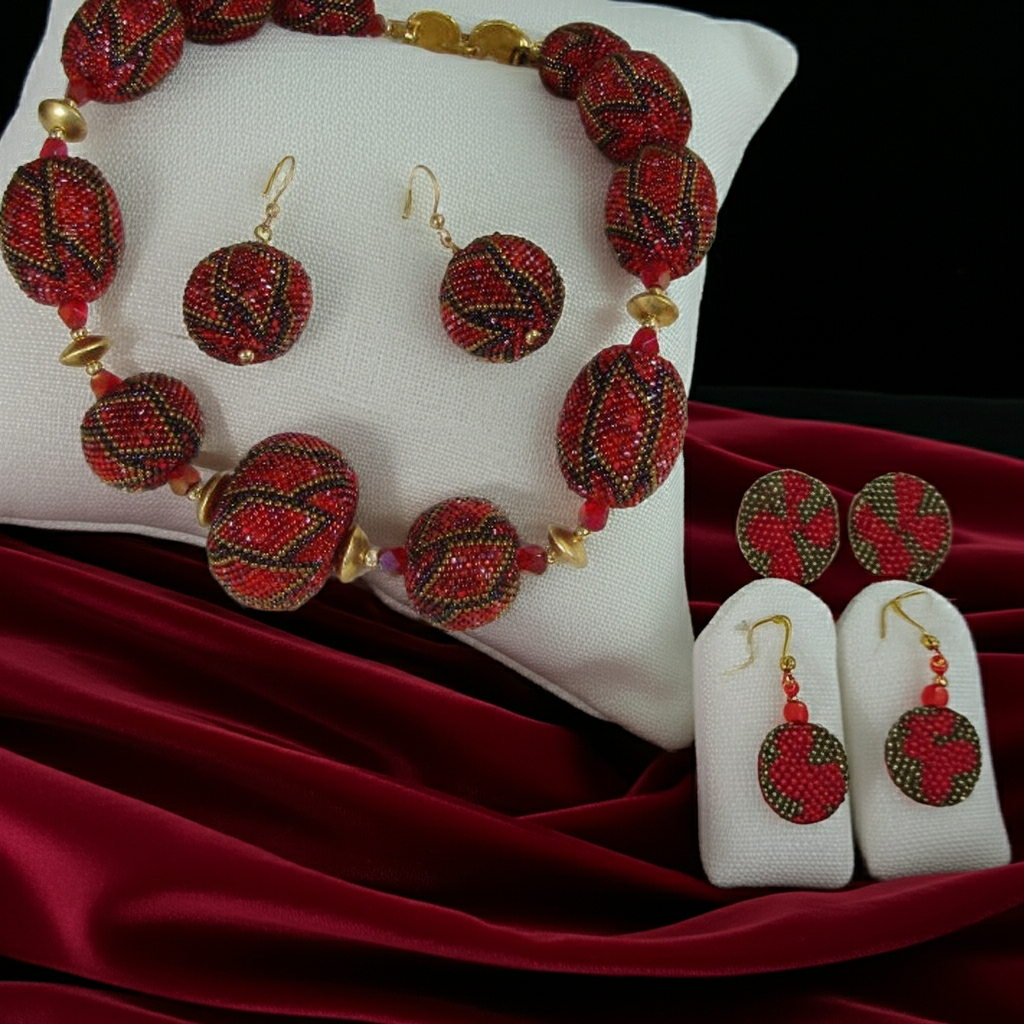 Exotic & Elegant Big Red Bead Dressy Necklace & Earrings