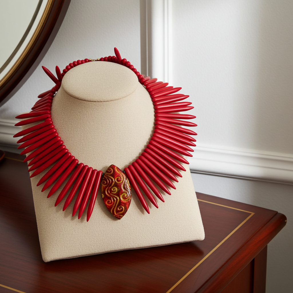 Big Bold Necklace Handmade Red Stick Bead Cleopatra Collar