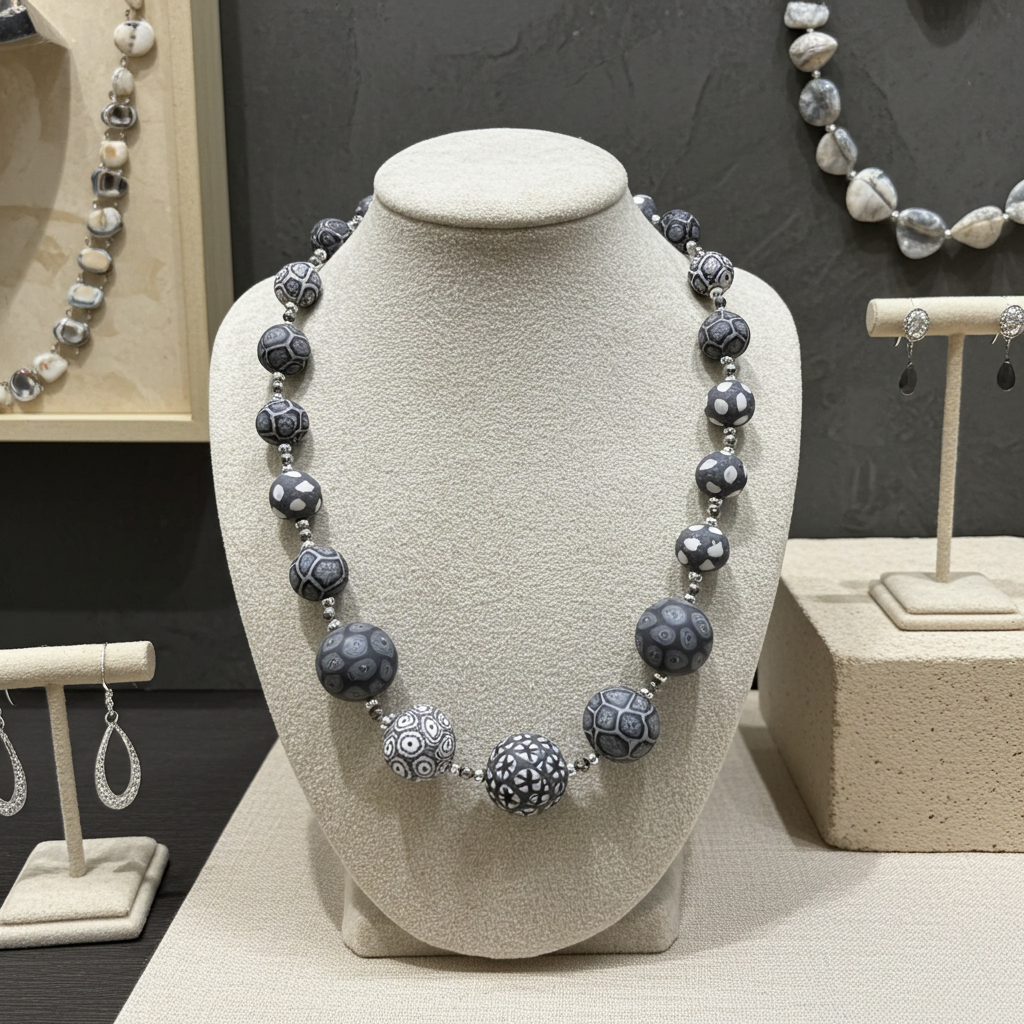 Grey and Black Fair Trade Necklace Samunnat Bindu Beads