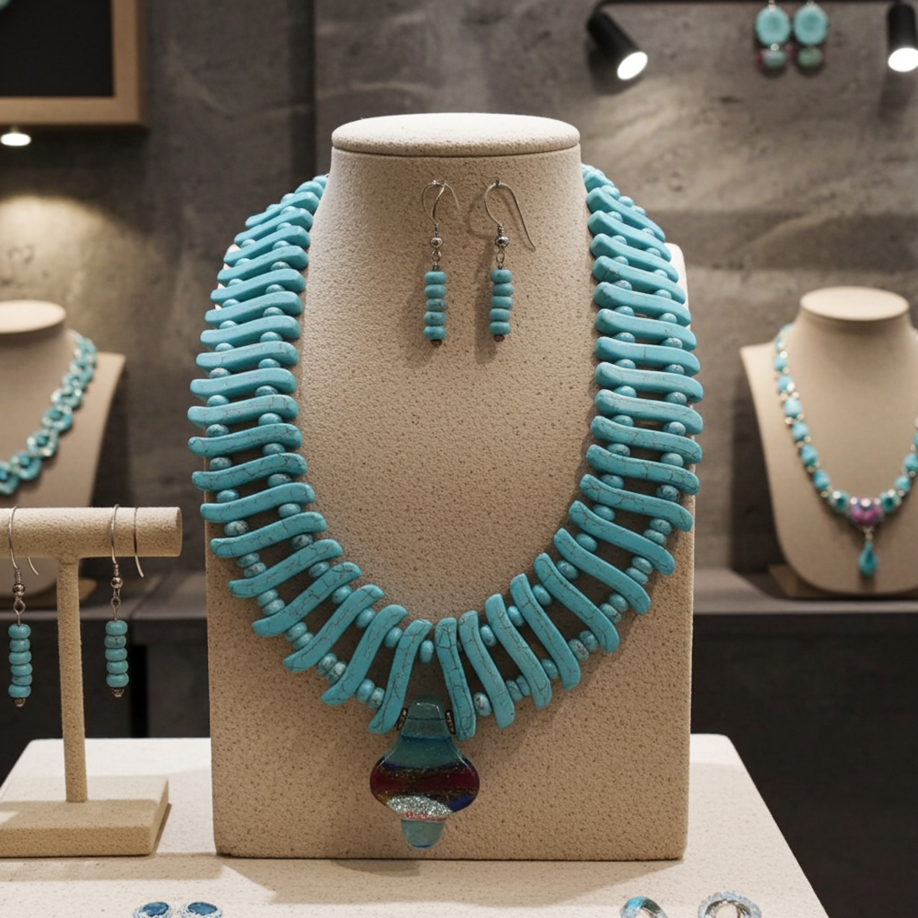 Turquoise Bib Necklace with Dichroic Pendant and Earrings