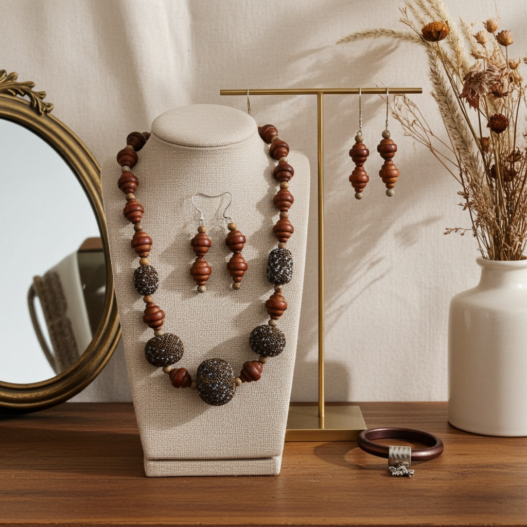 Wood & Beaded Bead Necklace Earrings and Leather Bracelet JSet