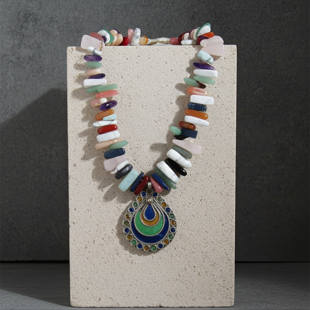 Mixed Gemstone Tusk - Statement Pendant Necklace