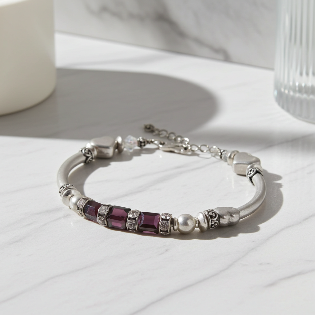 Marron Swarovski Crystal and Sterling Silver Bangle Bracelet