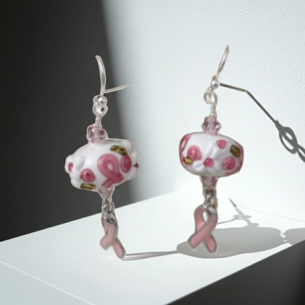 Pink Awareness Ribbon & Silver Earrings