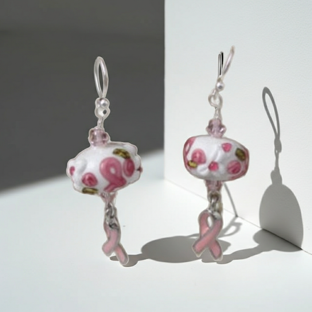 Pink Awareness Ribbon & Silver Earrings