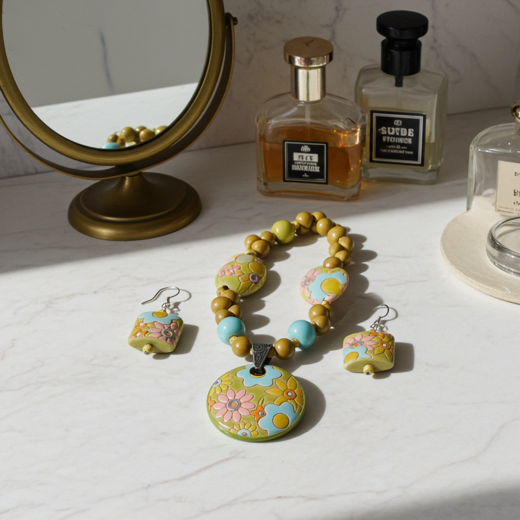 A handmade beaded necklace and matching drop earrings with a colorful floral pattern, styled on a marble surface with perfume bottles and a mirror in the background.