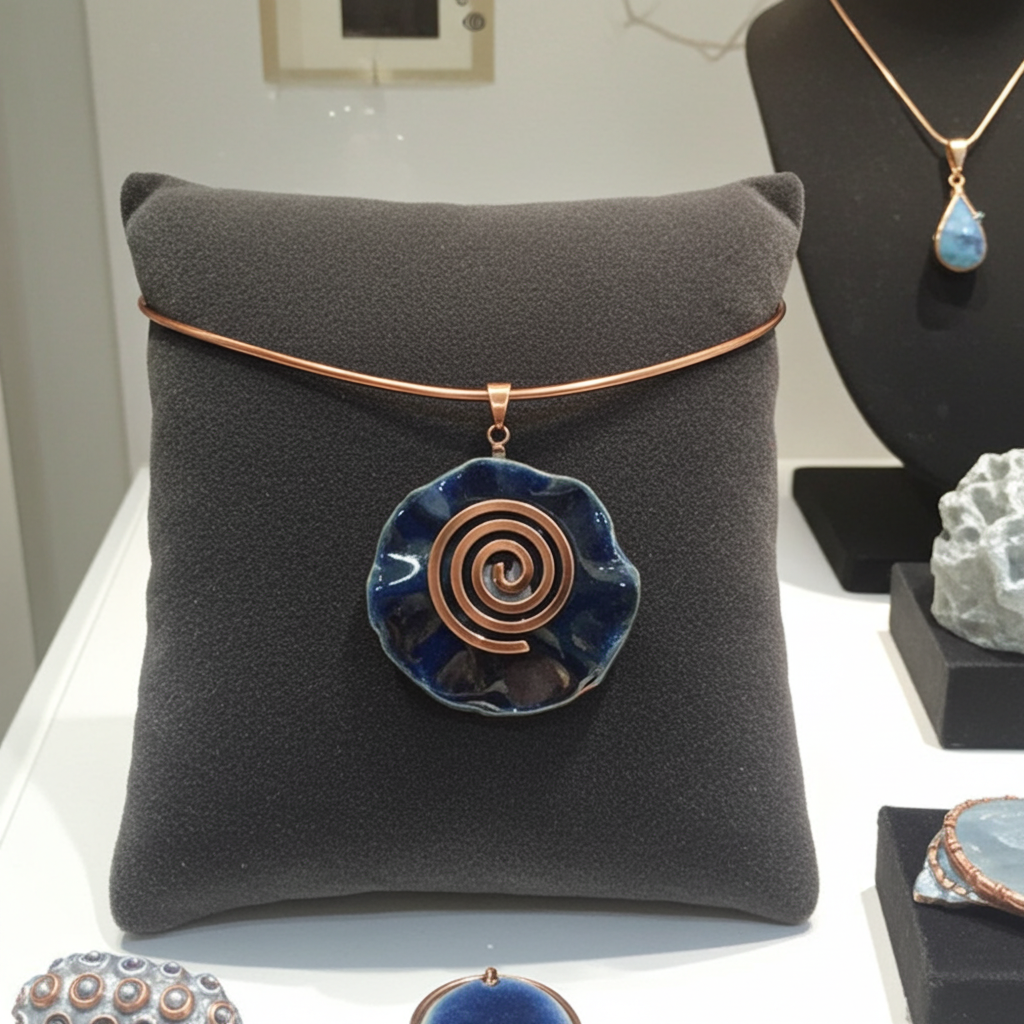 Choker  with Handmade Indigo Blue Raku Pendant Copper Neck Ring
