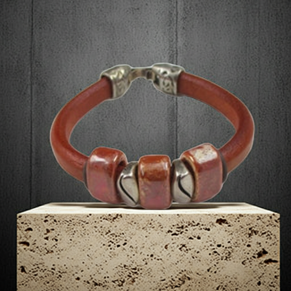 Orange Genuine Leather Cord Bracelet Handmade Accents in a Plus Size