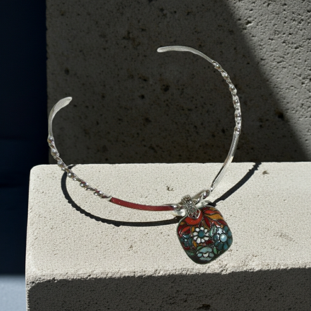 Handmade Brown & Turquoise Ceramic Pendant on Silver Neck Wire