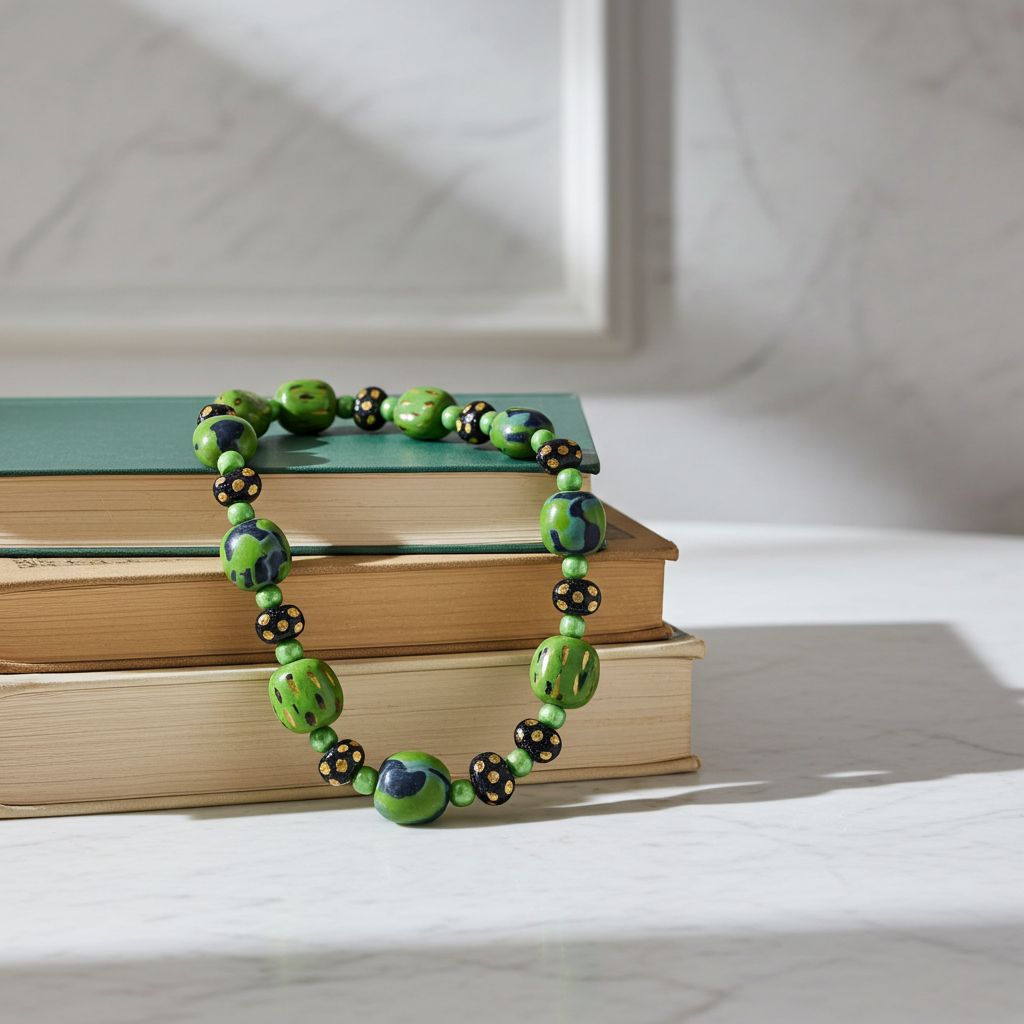 Fair Trade Kazuri Necklace Apple Green and Midnight Blue Kazuri Beads