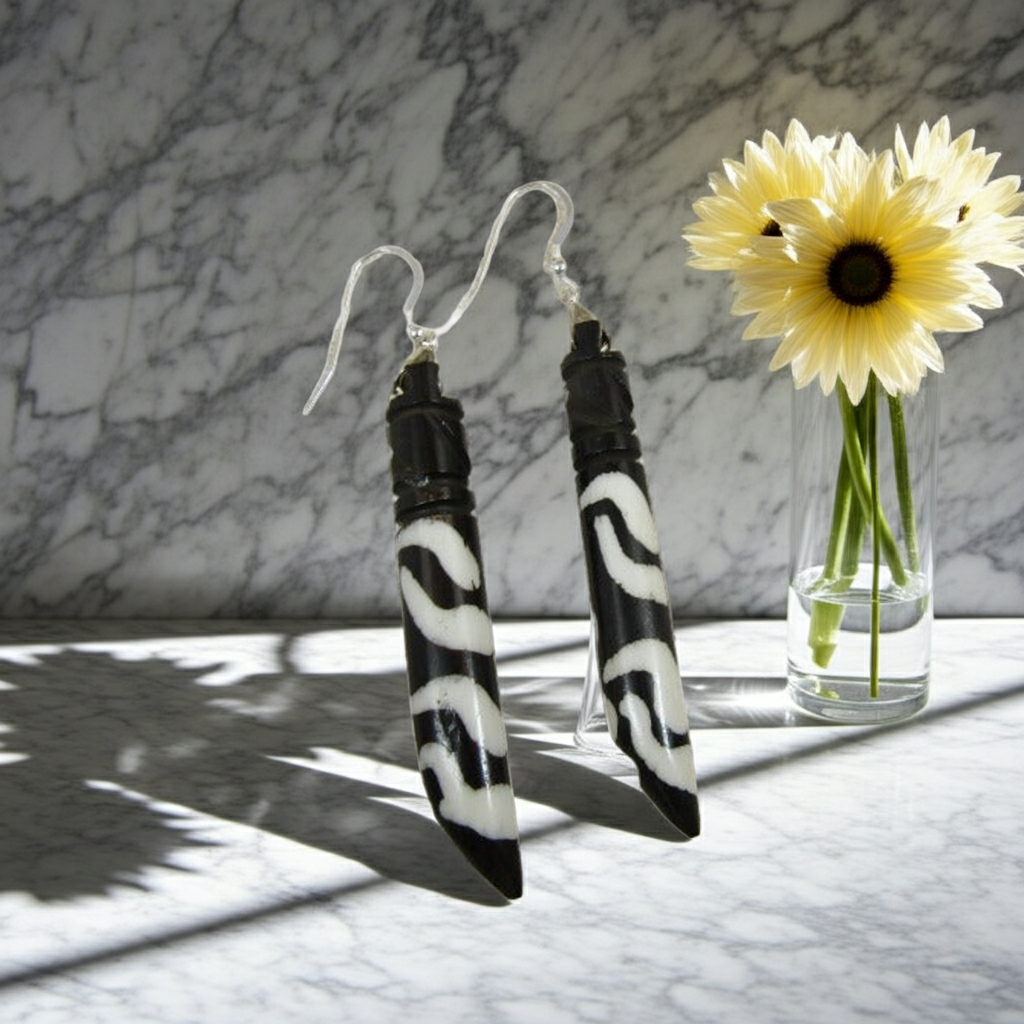 African Batik Bone Drop Earrings Long