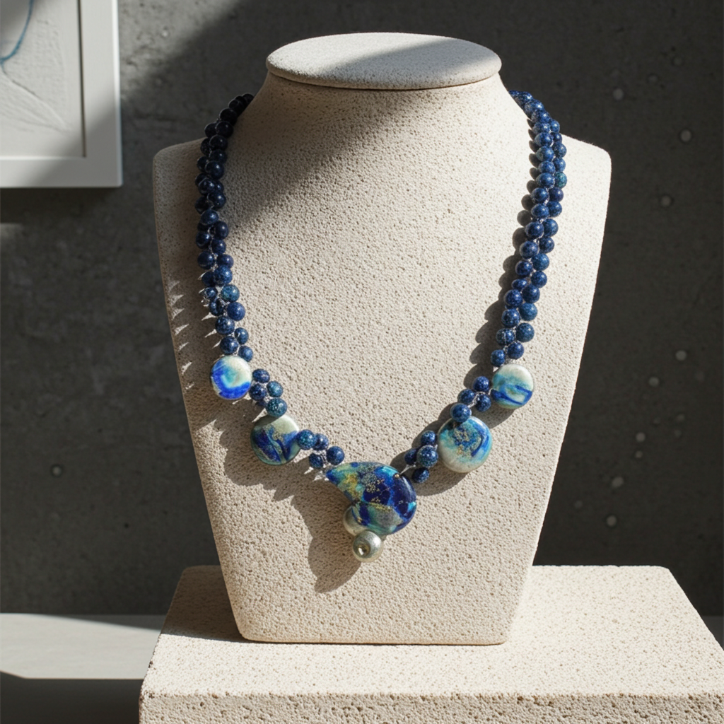 Blue Bead Necklace Artisan Handmade