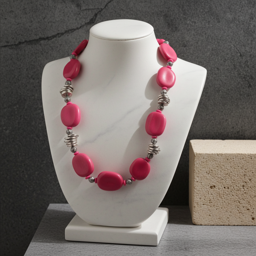 Big Bold Vegetable Ivory Tagua Nut Bead Necklace in Hot Pink
