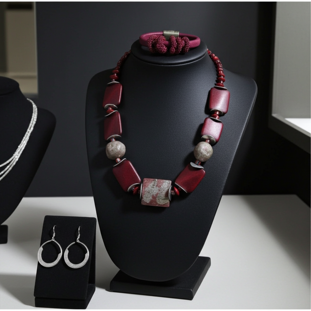 Handmade Raku, Wood and Licorice Leather Jewelry Set in Maroon