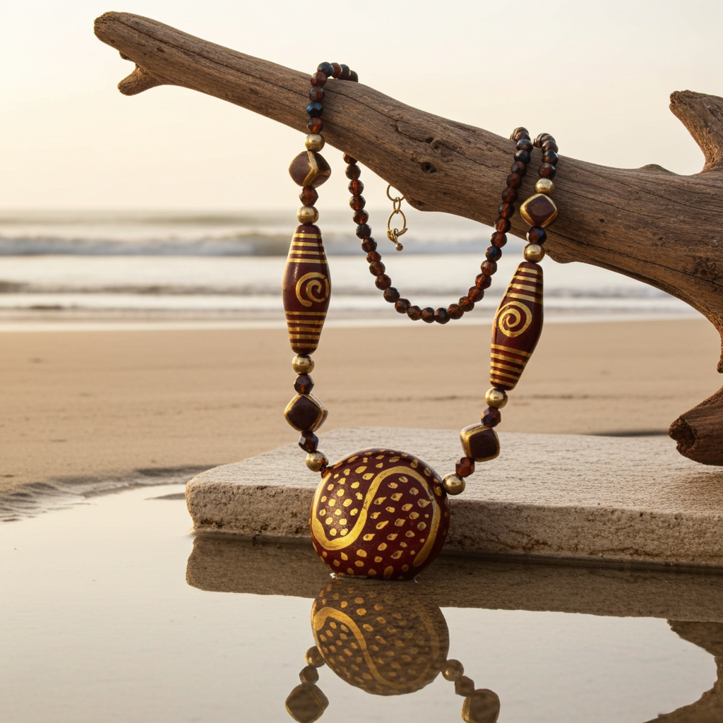 Big Brown and Gold Handmade Kazuri Fair Trade Bead Necklace