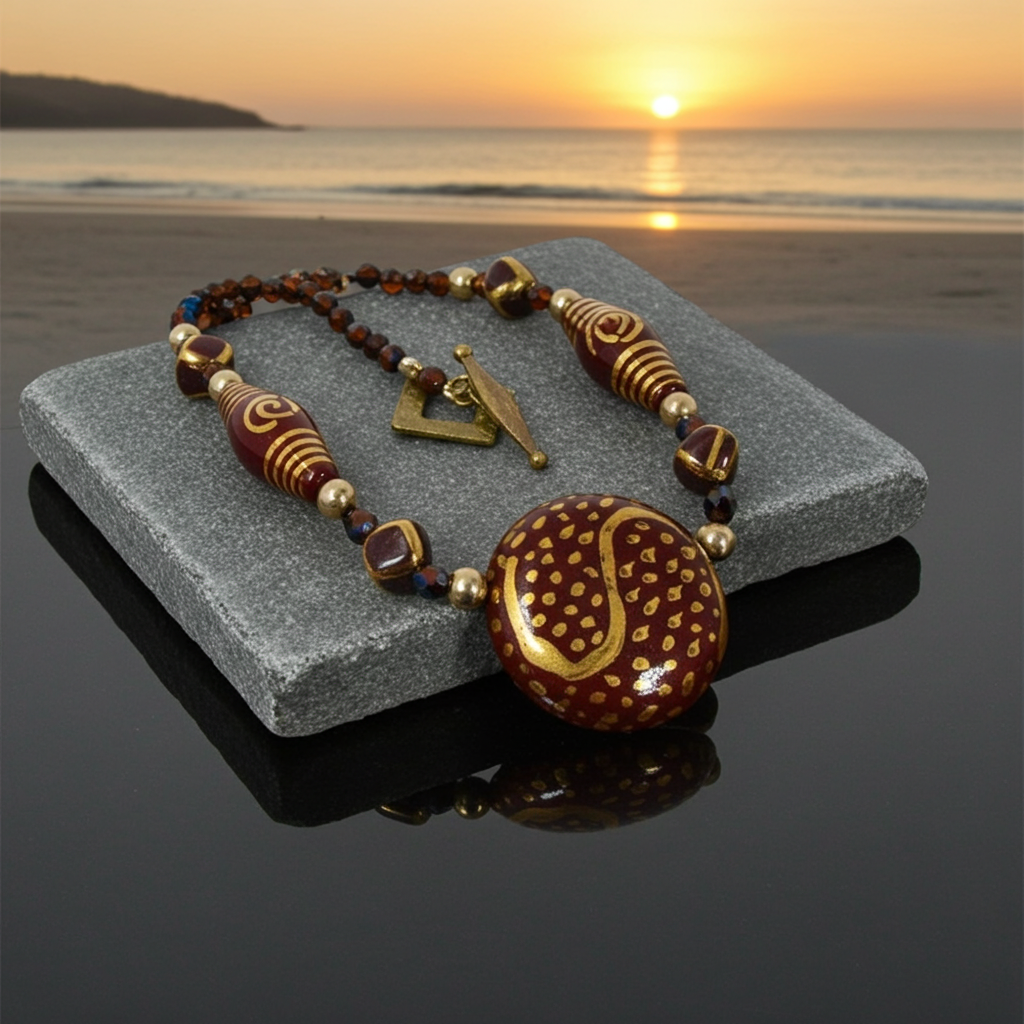 Big Brown and Gold Handmade Kazuri Fair Trade Bead Necklace