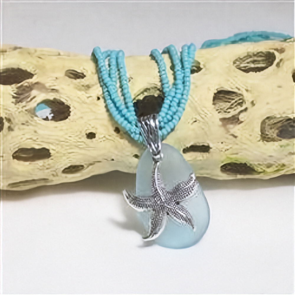 Aqua Sea Glass Pendant  Multi-strand Necklace